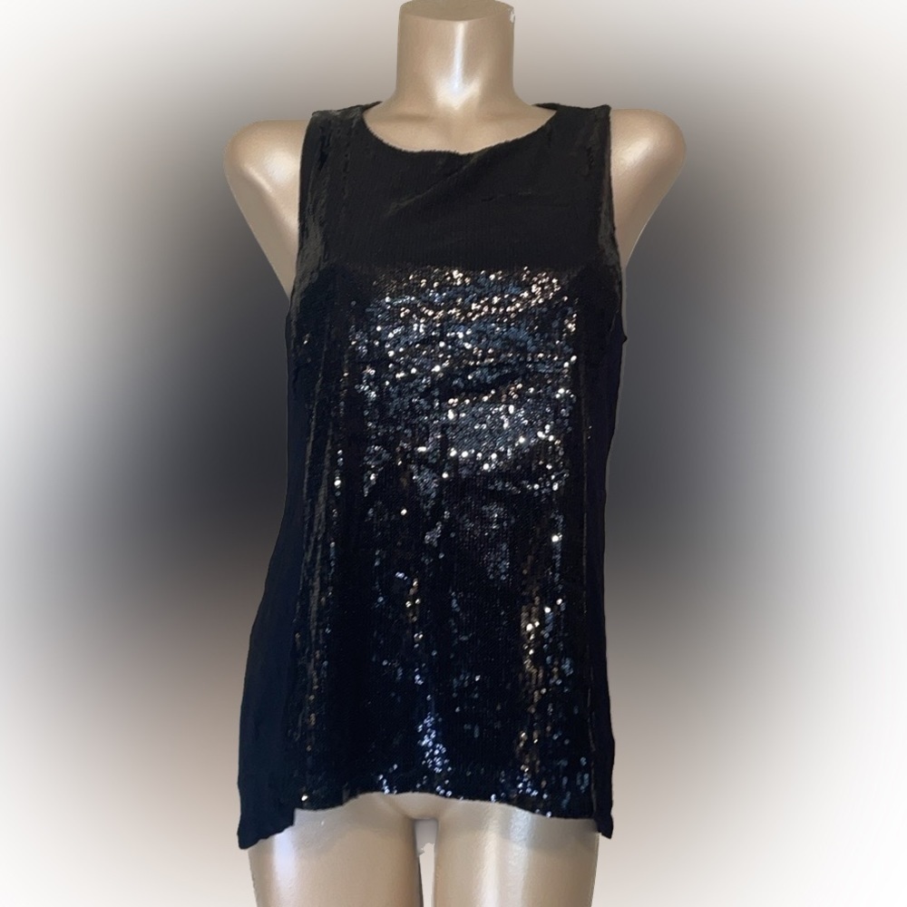 Carmen Marc Valvo women’s Large top shirt blouse black sequin tank sleeveless